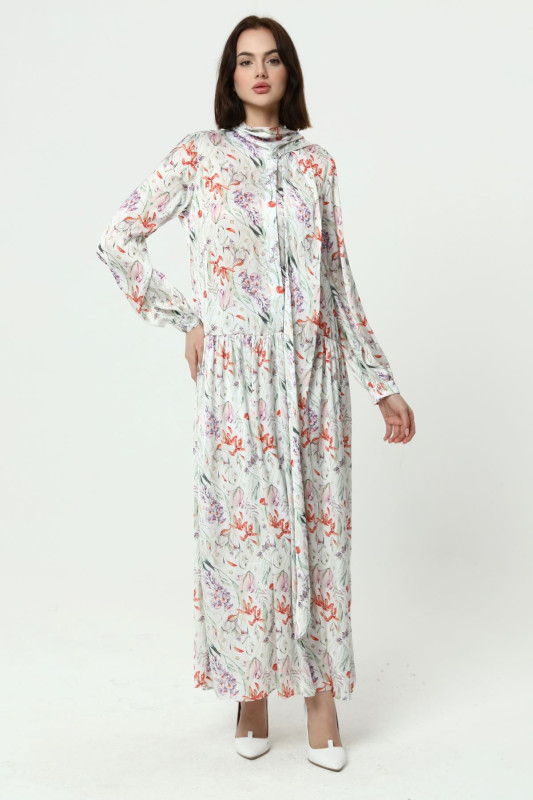 Floral Patterned Dress With Scarf